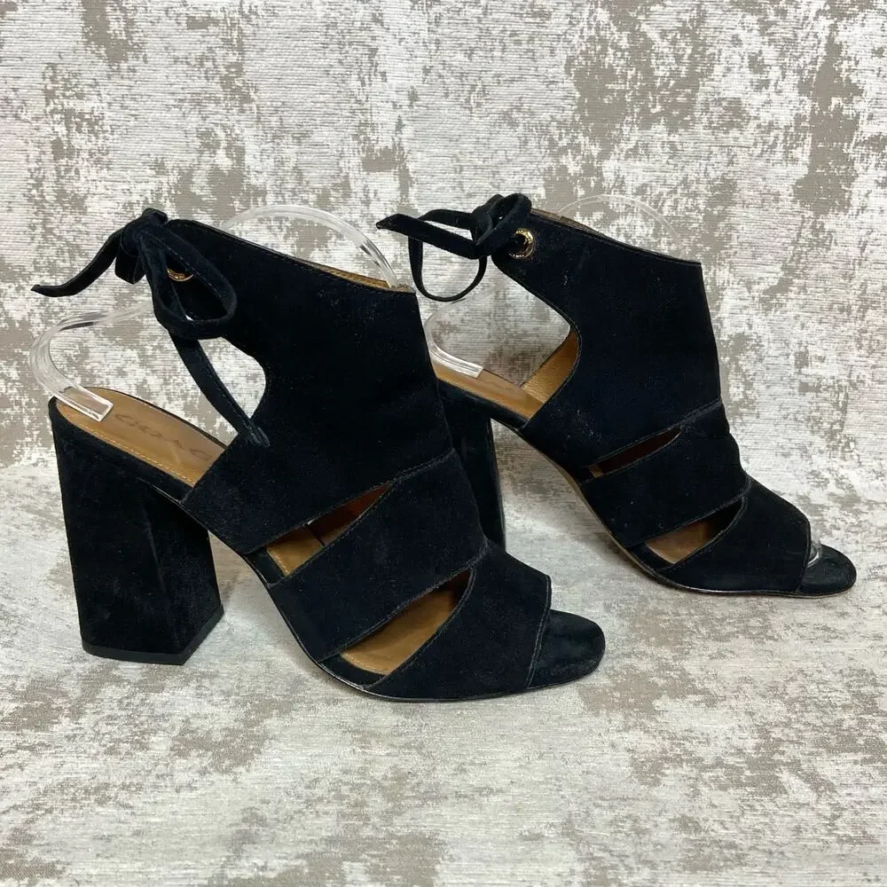 Coach Minetta Suede Tie Back Block Heeled Sandals in Black